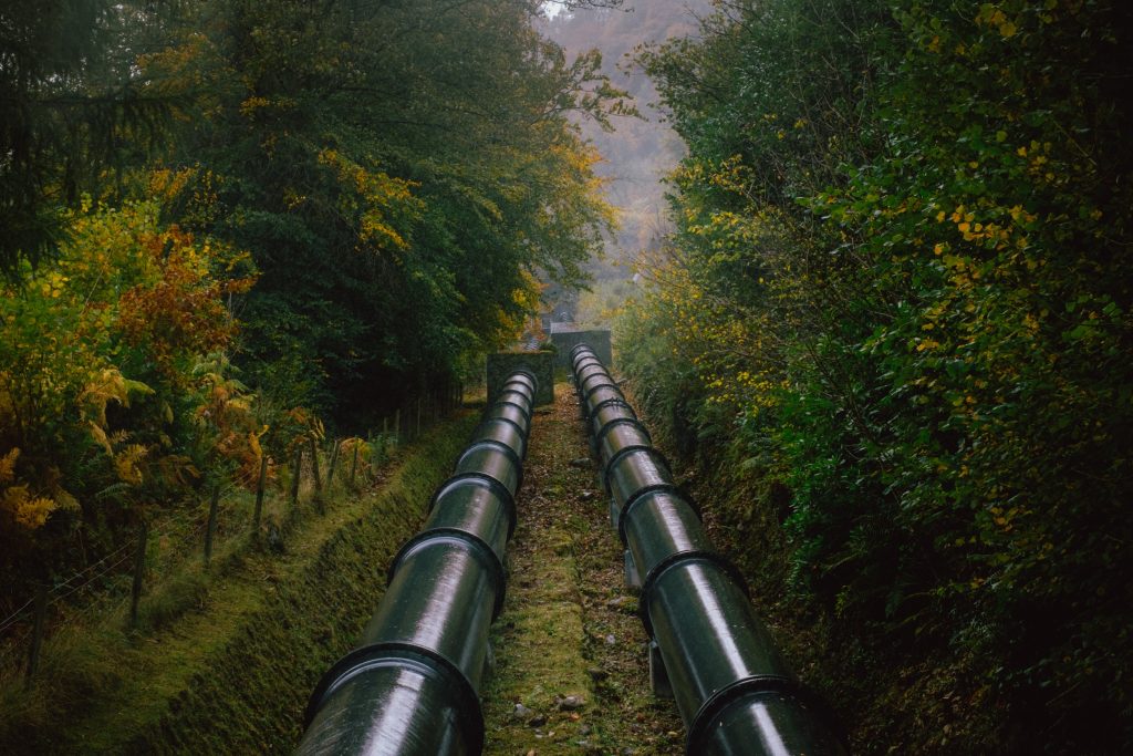 A serene landscape featuring two long, black pipes running parallel along a grassy path, surrounded by dense greenery and trees displaying autumn colors. The atmosphere is misty, creating a tranquil, almost ethereal feeling in the natural setting.